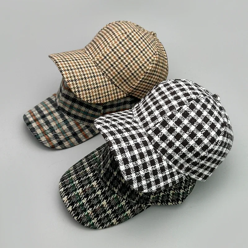 Woolen Cloth Stripe Versatile Check British Style Baseball Caps Autumn and Winter New Fashion Men Women Warm Retro Literary