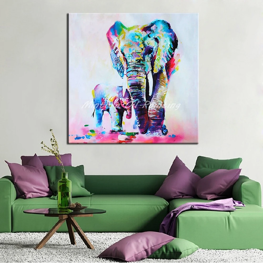 Mintura Frameless Pictures Hand-Painted Mother And Baby Elephan Animal Oil Paintings On Canvas, Hotel Decoration For Living Room