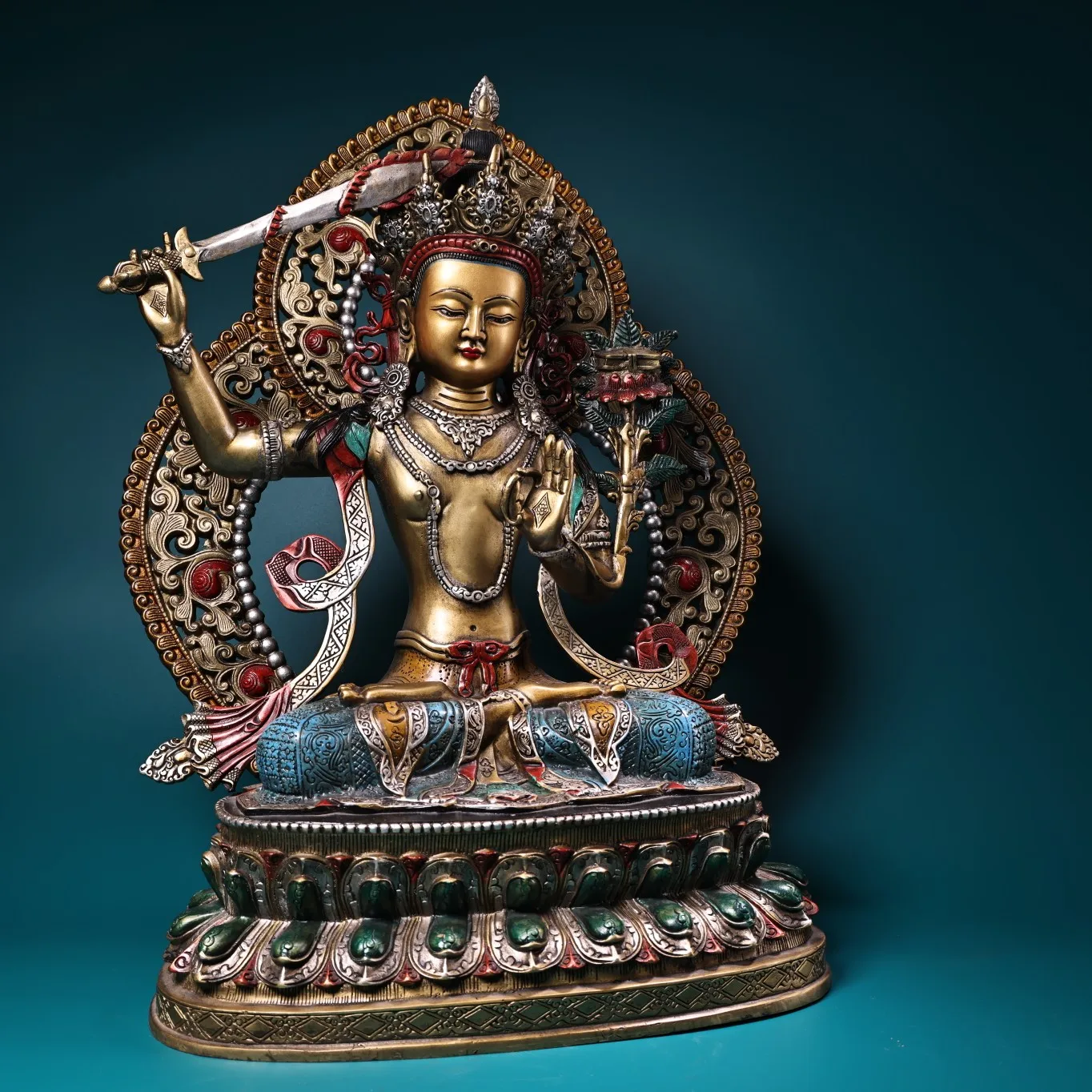 

19"Tibetan Temple Collection Old Bronze Painted Cinnabar Manjushri Bodhisattva Backlight Lotus Sitting Buddha Worship Hall