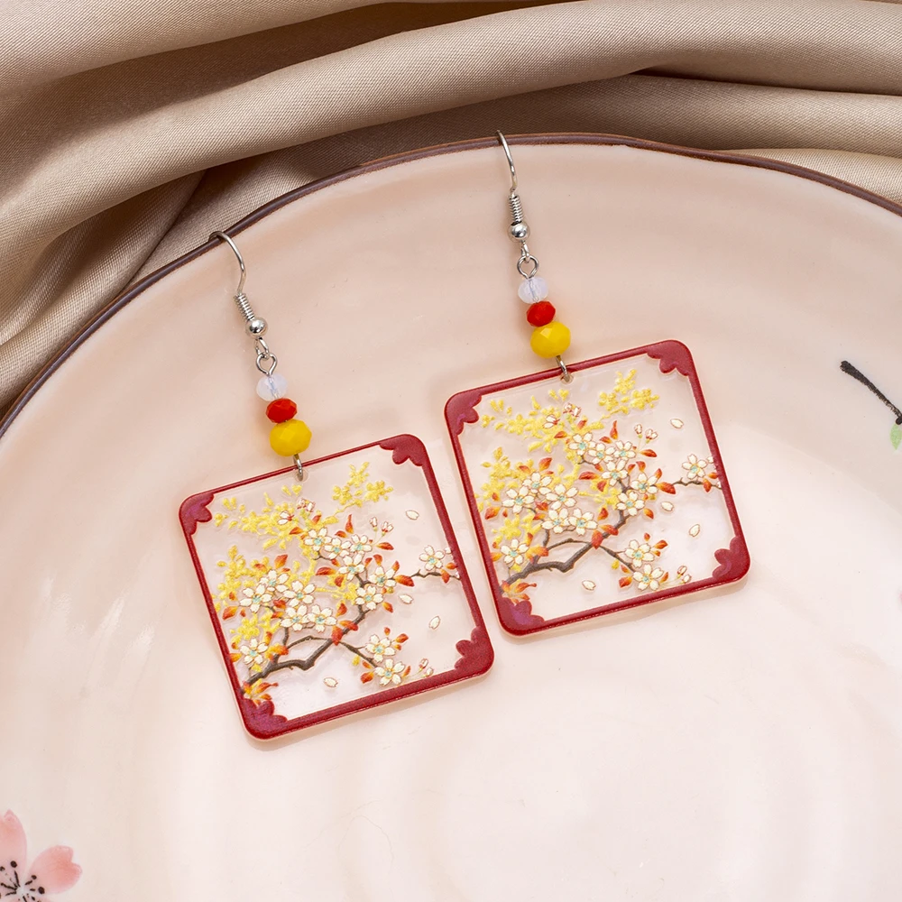 Fashion Ethnic Style Branches Flower Translucent Geometric Square Earrings Acrylic  For Women Vintage Color Matching Red Jewelry