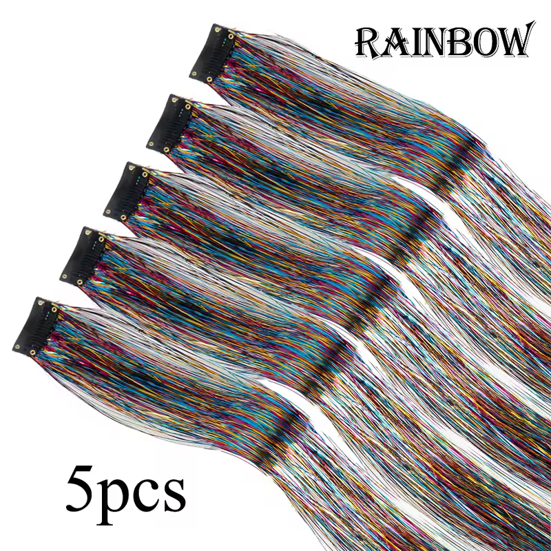 Shiny Sparkle Hair Extension Clip In Hair Tinsel Glitter Fairy Hair Tinsel Kit Heat Resistant 5Pcs Hair Streak Synthetic Hair - Image 14
