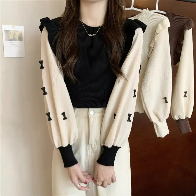 Women\'s O Neck Lantern Sleeve Spliced Sweater Korean Sweet Casual Knit Tops Bow Printed Pullover Soft Slim Knitwear Jersey V1114