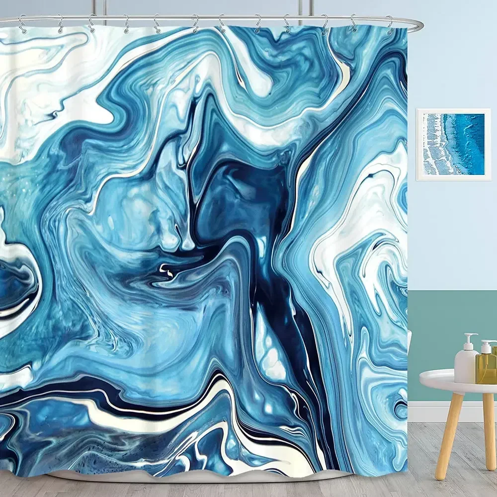 Blue Marble Shower Curtain Bathroom Decor Abstract Sea Waves Modern Texture Aesthetic Geomatric Lines Striped Waterproof Screen