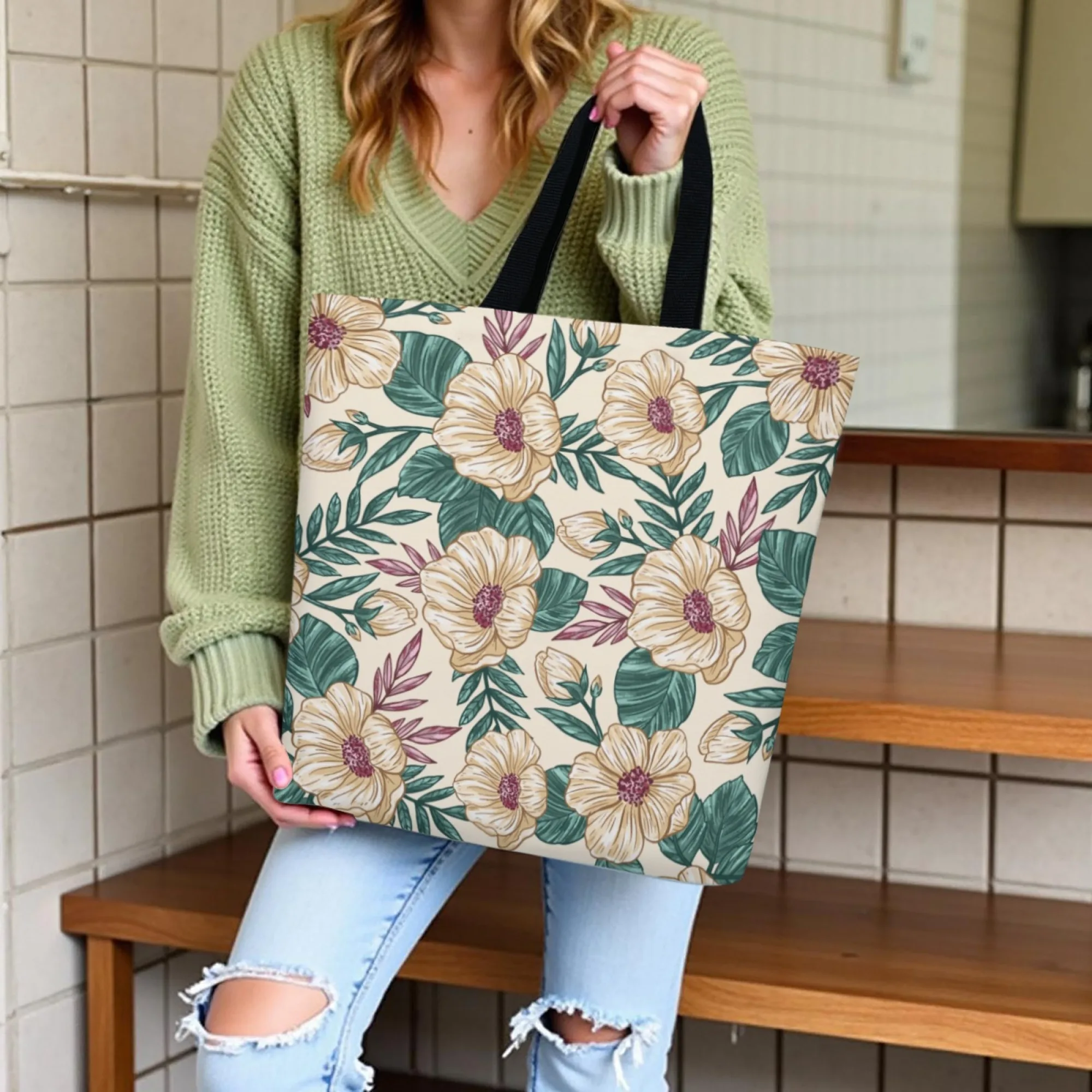 حقيبة كتف كاجوال كلاسيكية من القماش بنقشة الزهور باللون البيج النباتي حقيبة كتف للنساء حقيبة تسوق حقيبة يد متينة للعمل اليومي