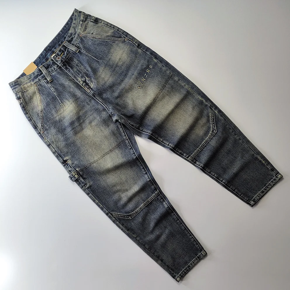 

Retro American Workwear Style Men's Cotton Harlan Jeans Cone Shape Faded Autumn Winter Long Pants mid Waist Denim Trousers