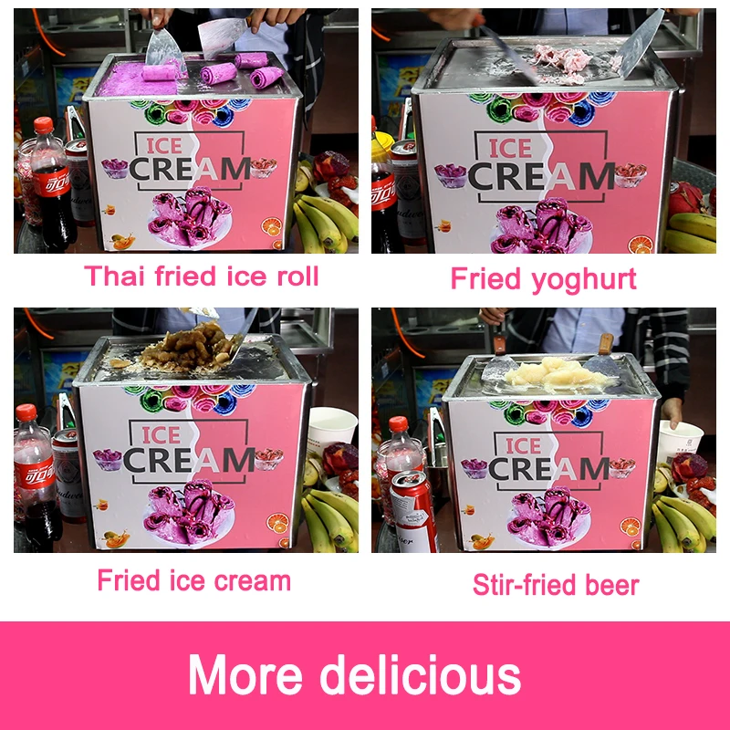 Mesin Gulung Es Krim Goreng Komersial 330W Panci Persegi Tunggal Baja Tahan Karat Pembuat Bubur Es Krim Rumah