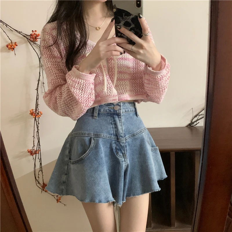 Hollow Out Cardigan Women Loose Tender Lace Up V-neck Summer Long Sleeve Outwear Sun-proof Popular Office Casual Young Ulzzang