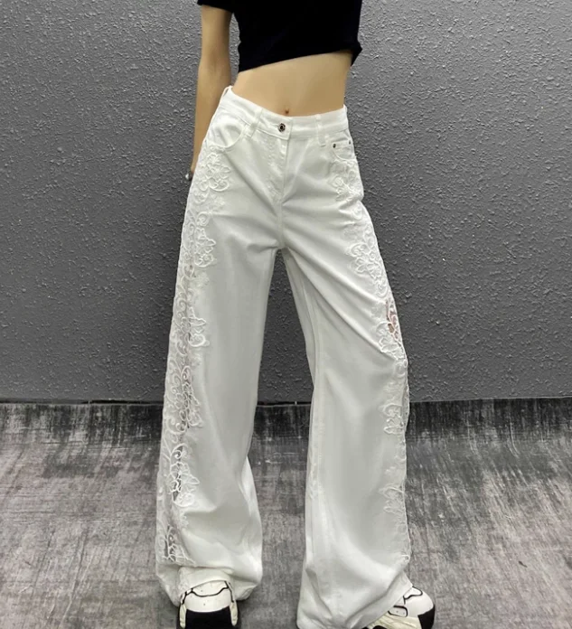 Women Summer Splicing Ripped Personalized Age-reducing White Jeans High Waist Loose Versatile Fashion Straight Wide-leg Pants