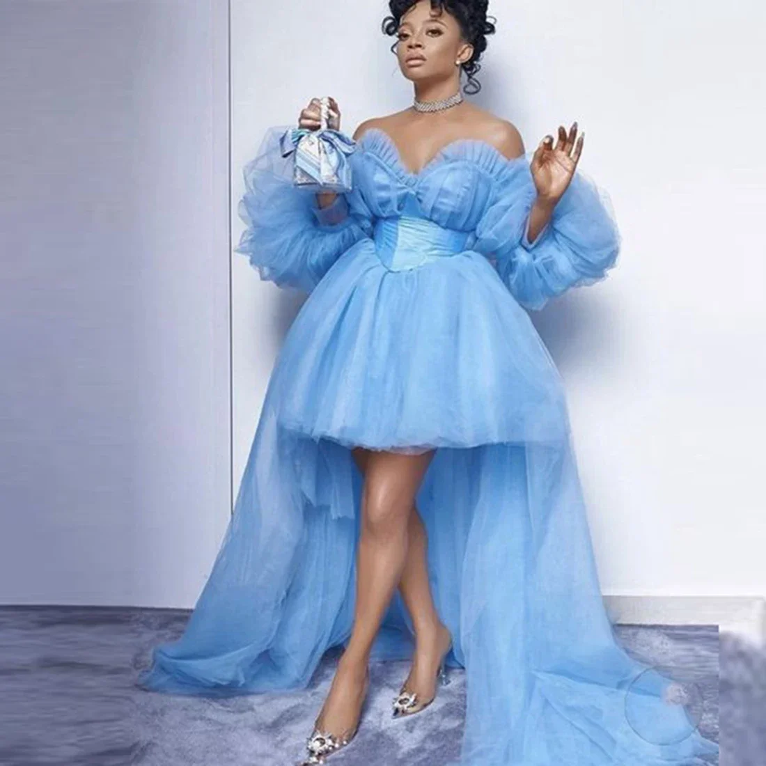 

Sexy Off The Shoulder Puffy Sleeves High Low Evening Gowns Tulle Formal Party Dress Robe De Soiree Light Sky Blue Prom Dresses