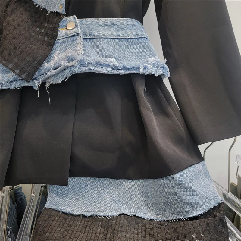 Heavy Industry Denim Splicing Blazer Women 2024 New High-end Design Single Shoulder Hollow Loose Suit Top Hipster Jacket