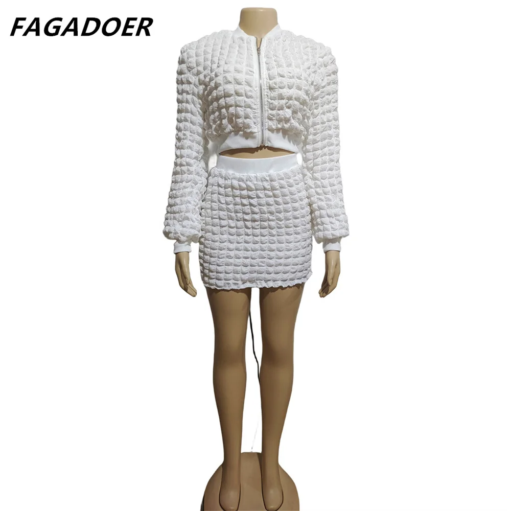 FAGADOER White Elegant  2 Piece Set Women Outfits Autumn Trend Zip Crop Coat + Sexy Skinny Mini Skirts Sets Fashion Streetwear