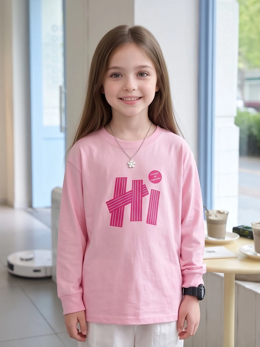 Teen & Little Girls Long Sleeve T-shirt Soft Pure Cotton HI Striped Letter Print Modern Casual School Tee 3-16years
