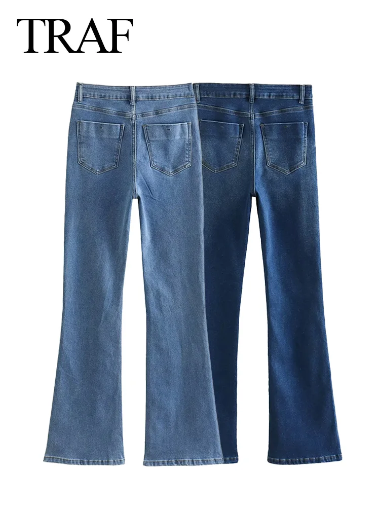 TRAF-Jean Rétro en Denim pour Femme, Vêtement Simple, Taille Moyenne, Évasé, avec Fermeture Éclair, Décontracté, Style Urbain, Rétro, Nouvelle