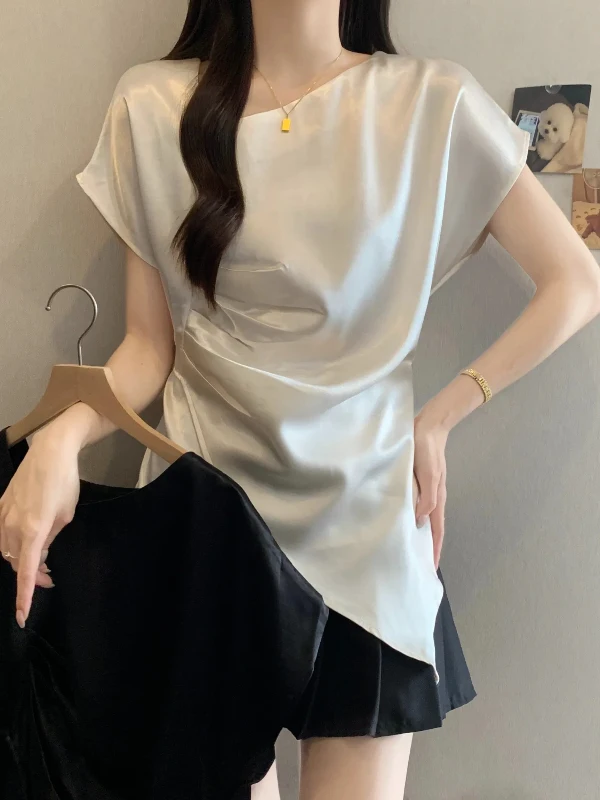 

Elegant Acetate Satin Belted Short Sleeve Shirt Women's Style Summer Slimming Uneven Top Comfortable Breathable Korean Version