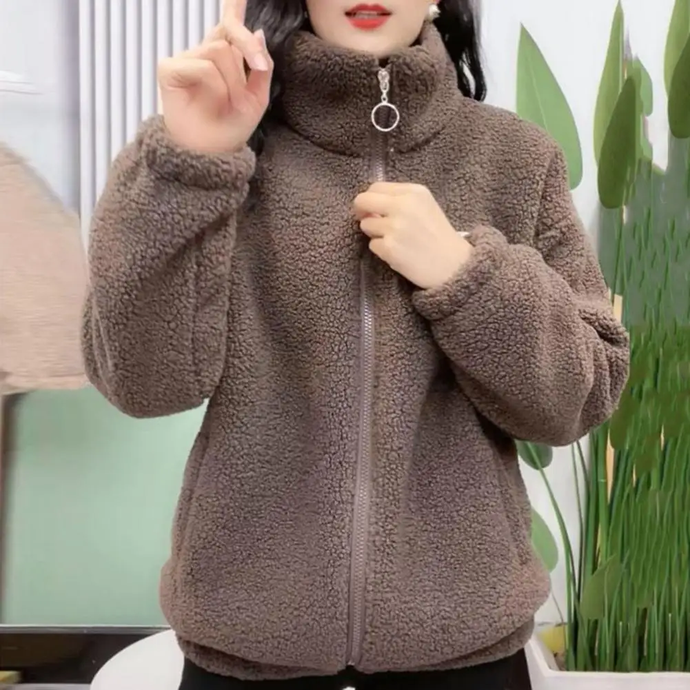 Manteau Sherpa à Fermeture Éclair pour Femme, Vêtement d'Extérieur Chaud et Confortable, à Col Montant, avec Poches, pour l'Hiver