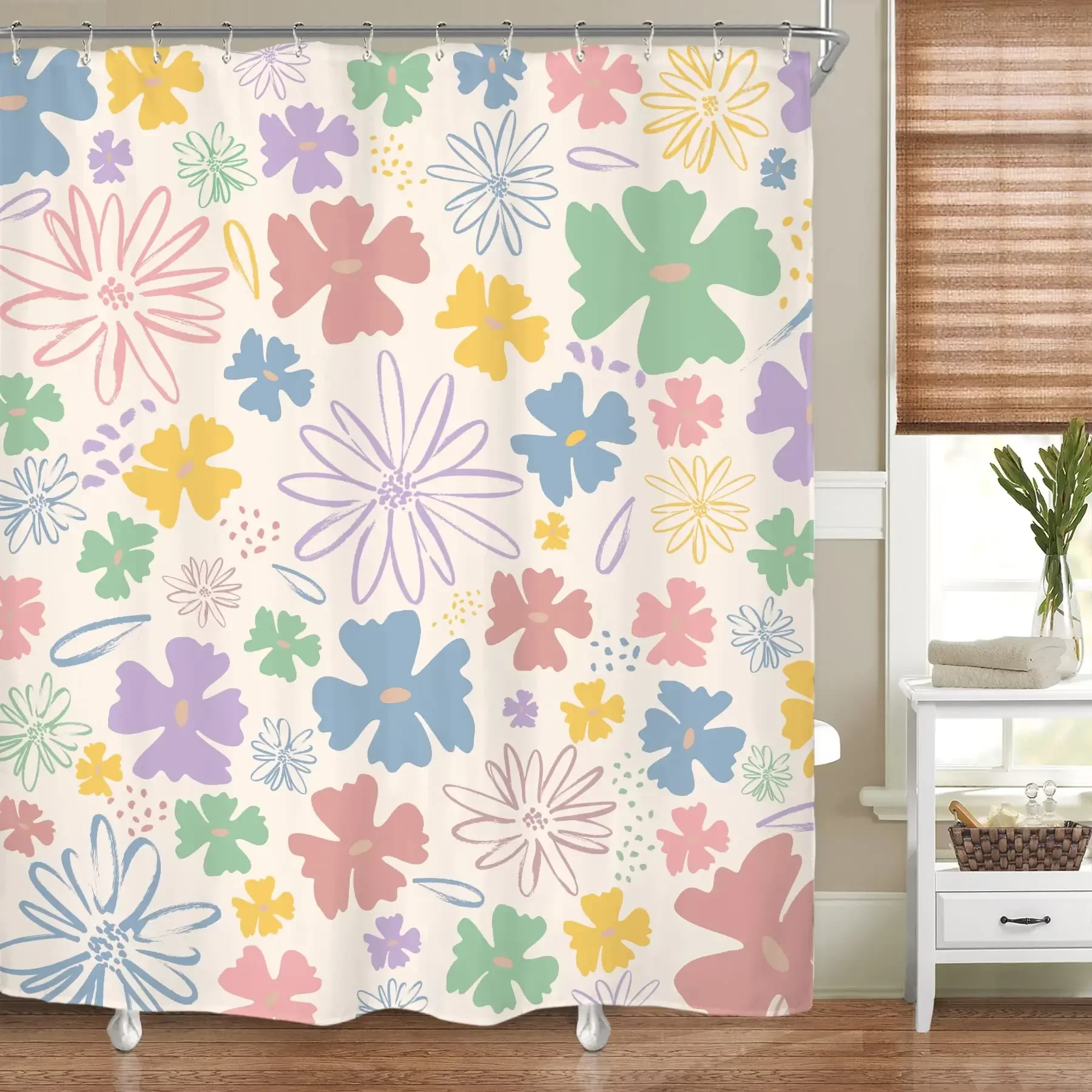 Colorful Flower Shower Curtain, Matisse Flower Danish Pastel Flower Abstract Mid-Century Minimalist Bohemian Bathroom Decoration