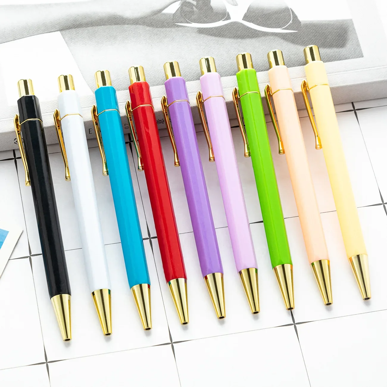 

50PCS Macaron Colored Plastic Ballpoint Pen Can Print Promotional Gift Pens, Hexagonal Push Plastic Pens