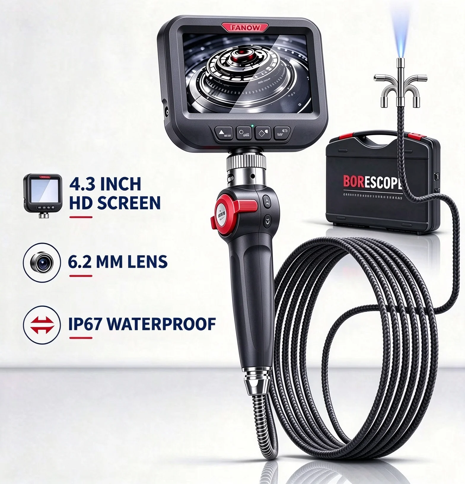 Ralcam 4.3-inch Tow-way Borescope 6.2mm Camera HD 1080P with LED Illumination for Automotive Repair Plumbing Inspection