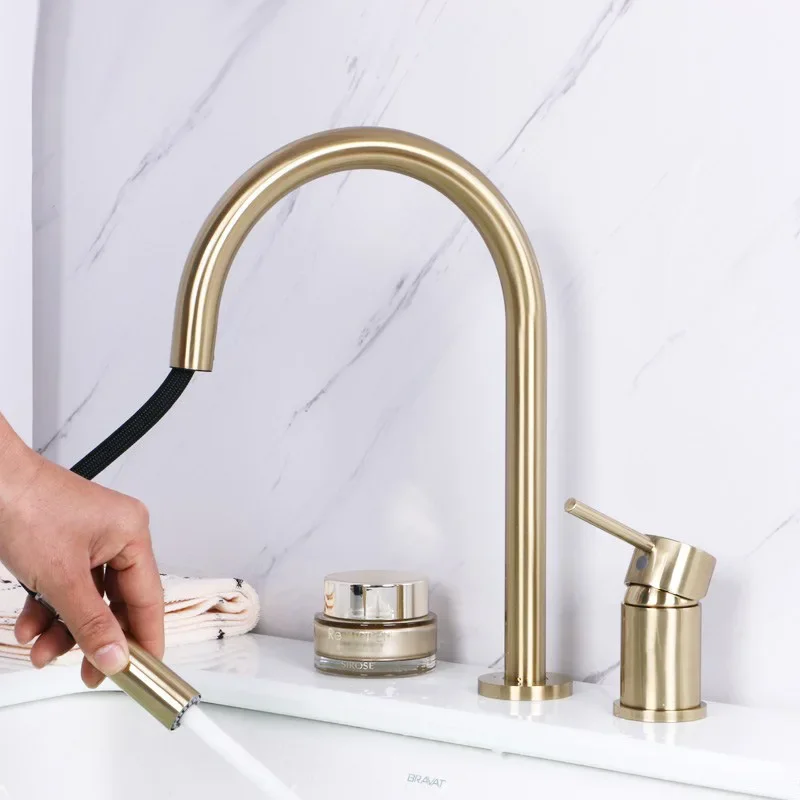 

Brushed Gold Basin Faucet Brass Bathroom Sink Faucet Mixer Tap Widespread Pull Out Rotation Sink Mixer