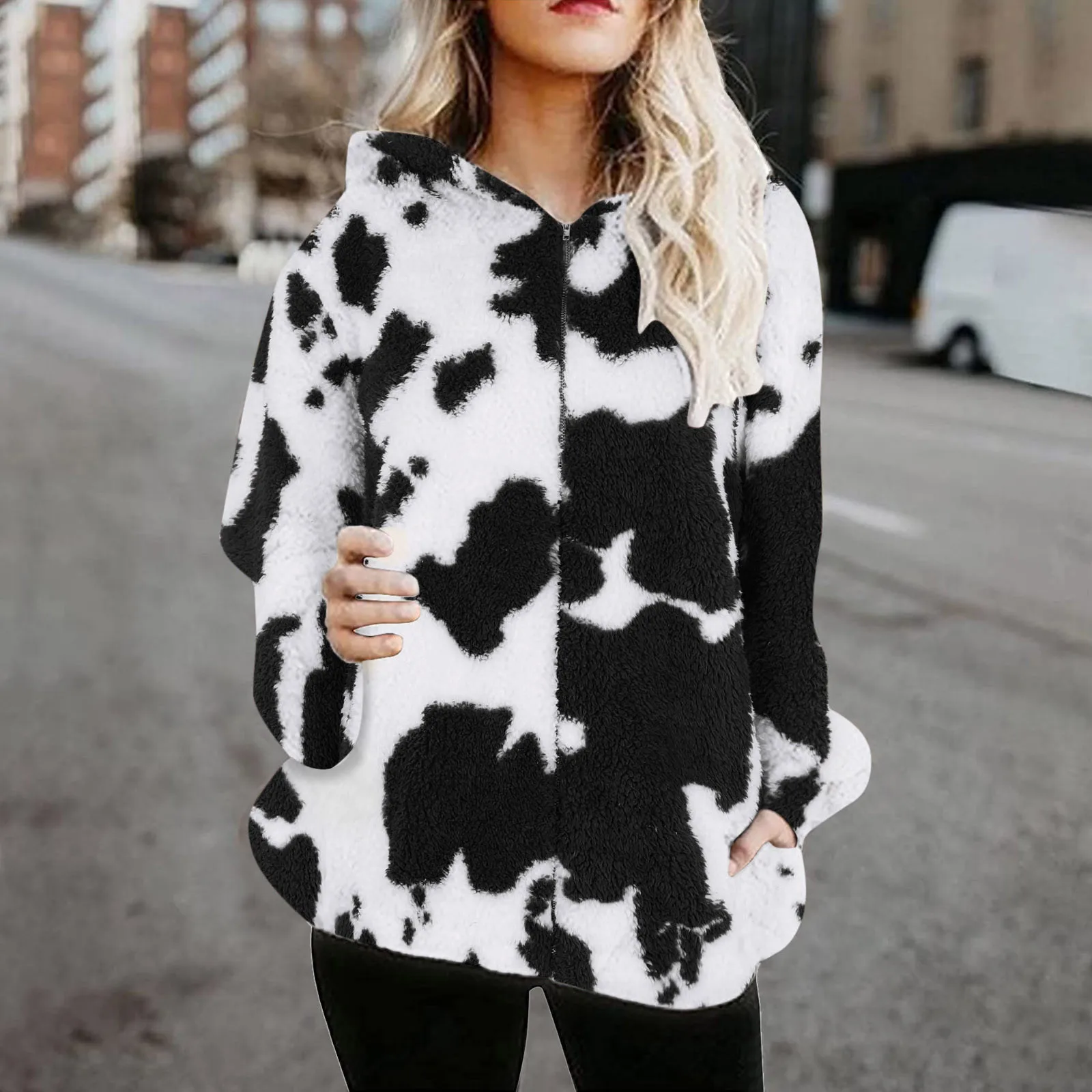 Fashion Thickened Cow Print Coat Women\'s Autumn Winter Plush Lapels Long Sleeve Coat Thicken Warm Windbreaker Coat Jackets