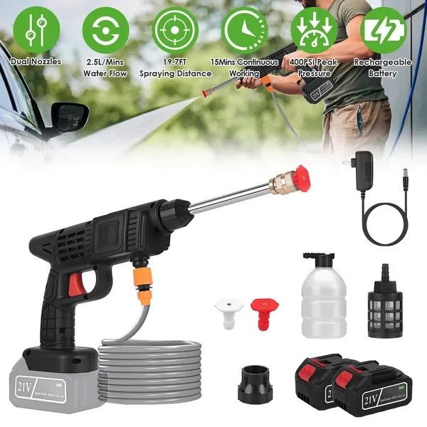 

300W Cordless Pressure Washer 400PSI, 3-4H Charging 15Mins Working Time, Handheld Power Washer with Foam Bottle & Adjustable