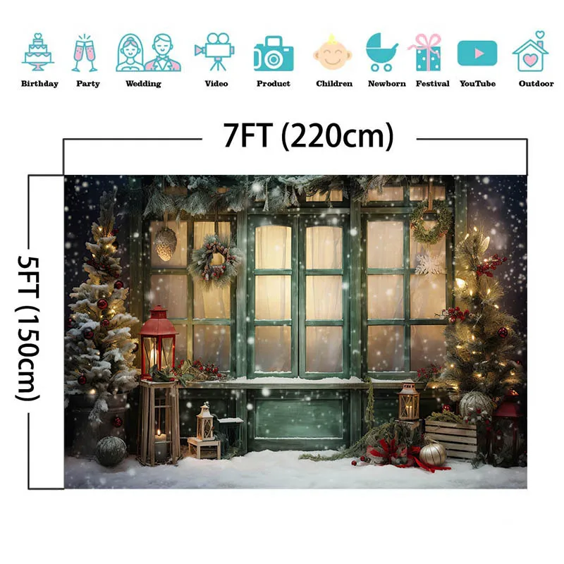 Christmas Backdrops Photography Props Xmas Green Door Outdoor Snow Christmas Tree Wreath Decor Background Kids Portrait Studio