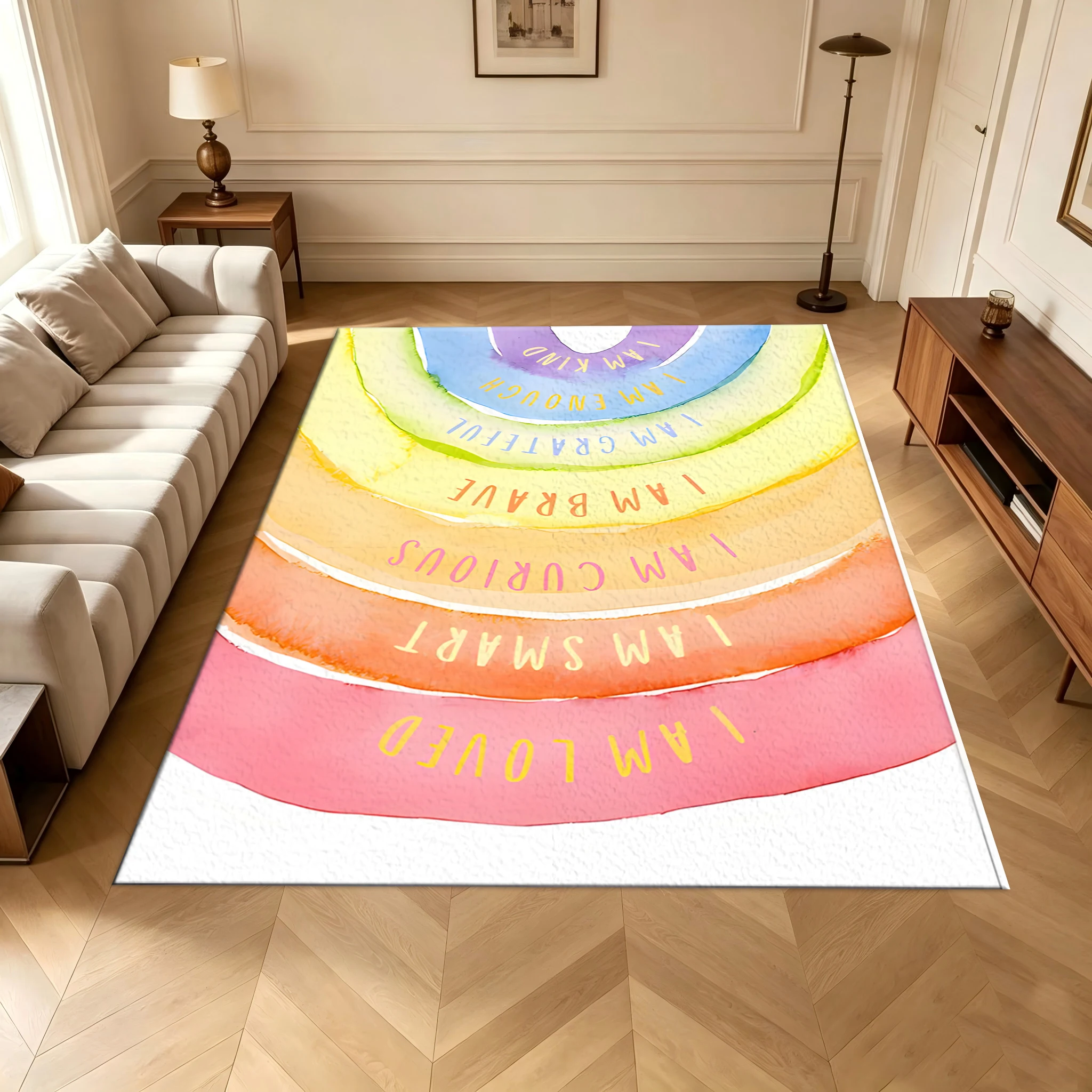 Positive Affirmation Watercolor Rainbow Rug, Printed with Inspirational Messages, Floor Mat, Children's Room Rug