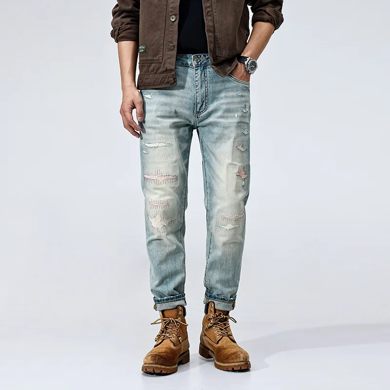Summer high-quality minimalist slim fit light blue jeans for young Japanese comfortable men cargo pants men mens ripped jeans