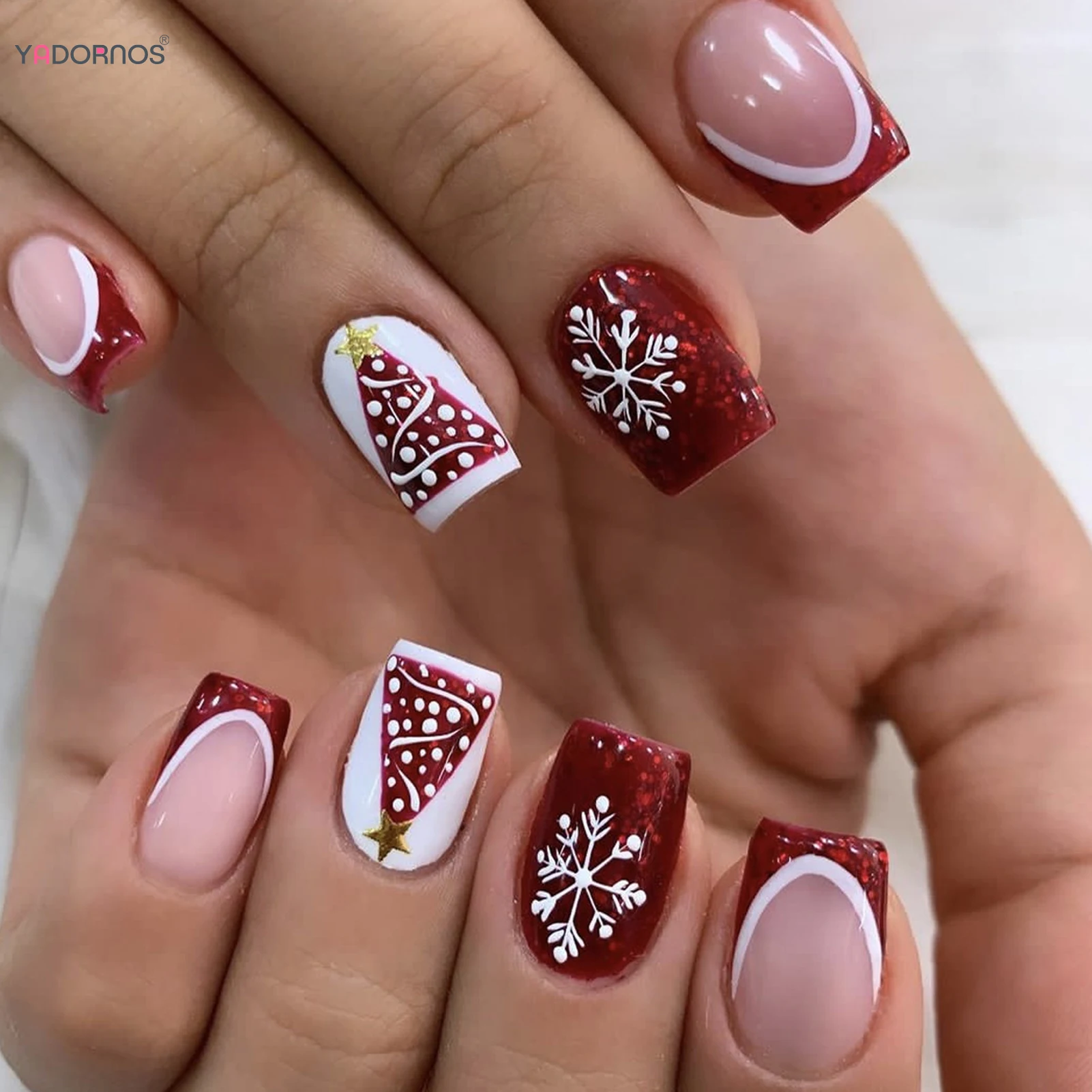 Paillettes rojas brillantes uñas postizas de Navidad estilo francés prensa en uñas árbol de Navidad copo de nieve impreso cabeza cuadrada uñas postizas 24 Uds