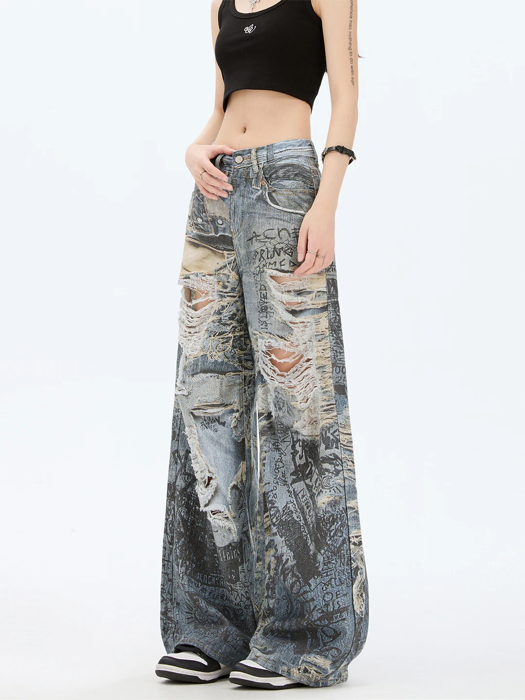 Jeans a gamba larga a vita alta Jeans estivi da donna con vestibilità ampia e slim in denim dritto High Street Sle Casual con motivo a buco strappato