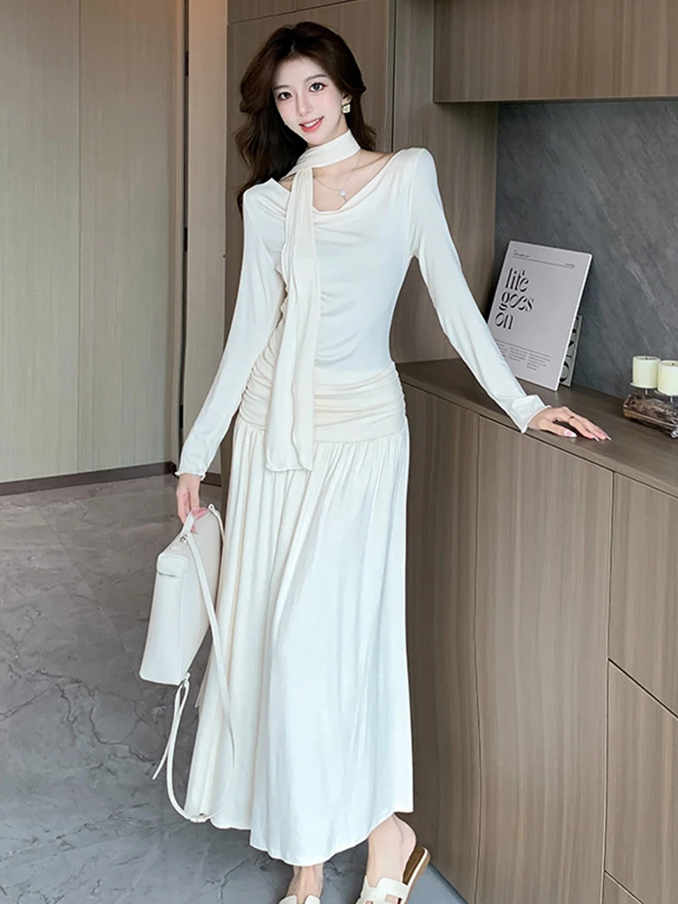 Neue Frühling Herbst Casual Süße Stretchy Oansatz A-Line Lange Kleid Frauen Kleidung Chic Elegante Solide Langarm Falten Robe Vestido