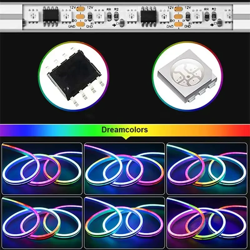 TUYA Neonowe taśmy LED Silikonowa taśma neonowa 5-24V 84LEDs/M z synchronizacją muzyki RGBIC Dreamcolor Chasing Strip Tape do pokoju