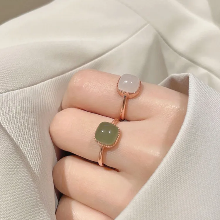 Vintage Artificial Jade Square Ring 2022 Autumn Winter Chinese Style Crystal Geometric Adjustable Finger Ring for Women Jewelry