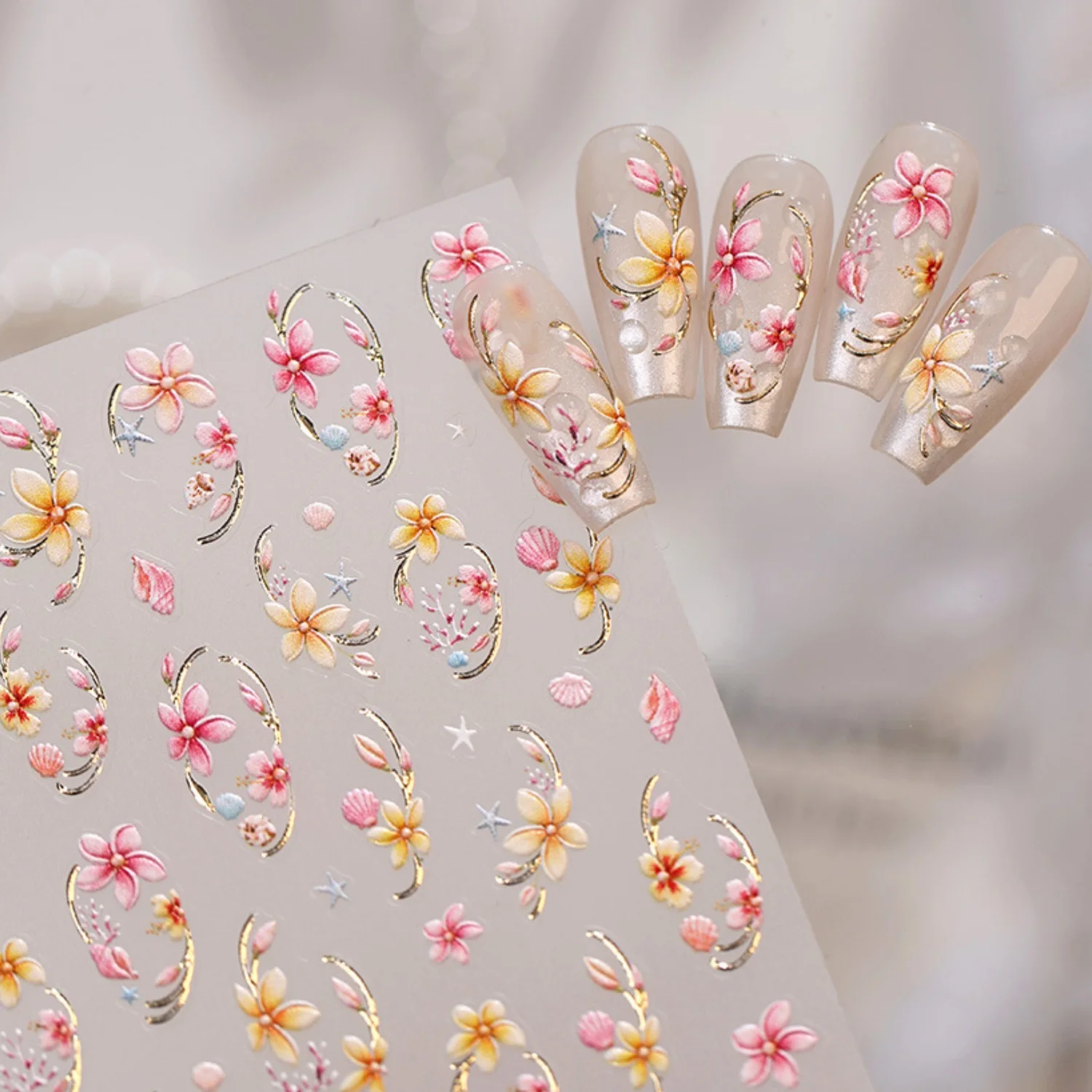 Pink Yellow Five-Petal Flower 5D Nail Art Stickers Gilded Oval Shell Starfish Floral Stem Self Adhesive Romantic Ocean Decals