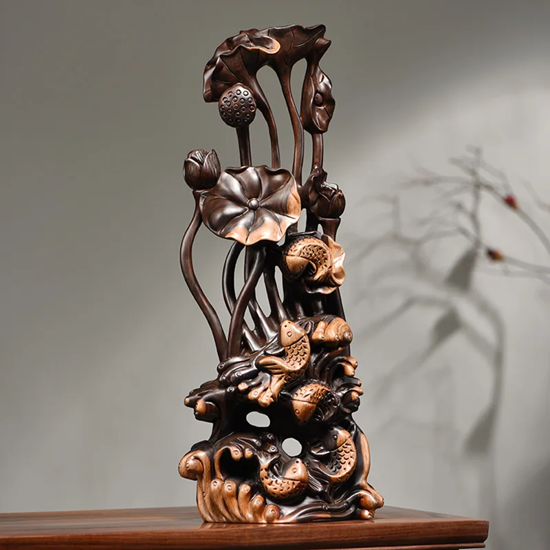 

Chinese ebony wood carving, root carving, lotus flower decoration, home living room decoration, handicrafts, gift giving