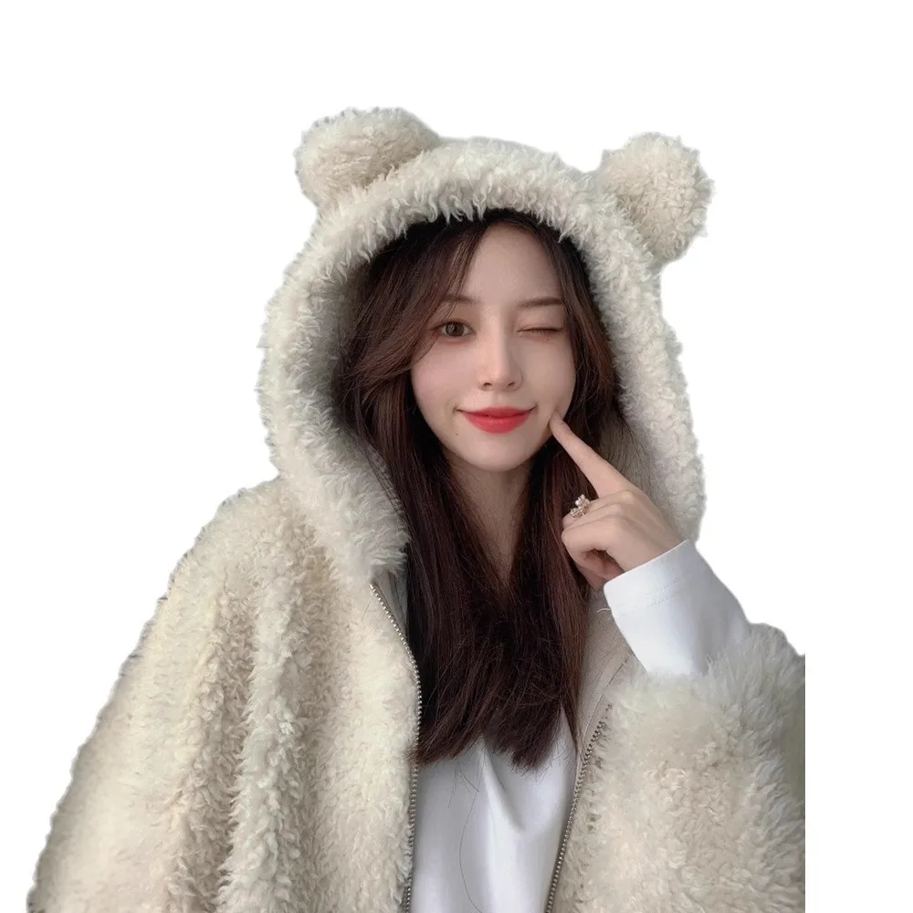 Teddy Bear Real Wool New Bear Sweater Hooded Full Wool Sheep Shearing Jacket Women's Short Lamb Fur