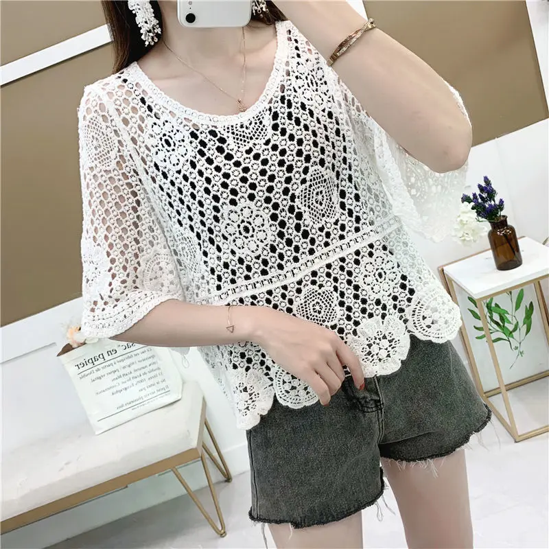 Summer Fashion New Round Neck Five-point Sleeve Pullover Handmade Sweater Korean Version Knitted Hollow Solid Color Top Female