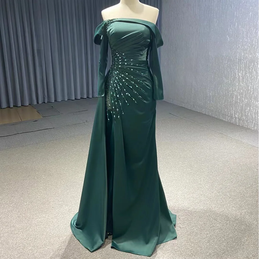 Abito da sera verde senza spalline con maniche lunghe, allacciatura sul retro, cristalli, drappeggiato, personalizzabile 2026