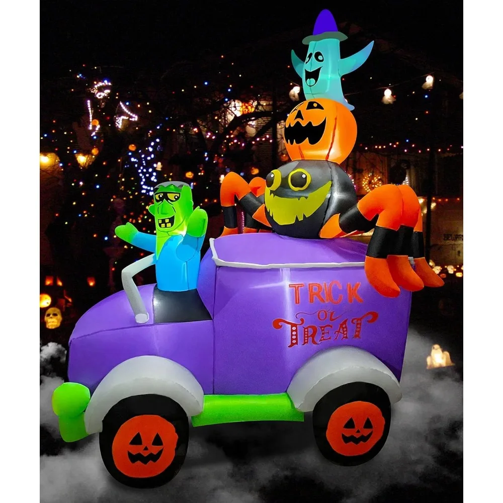 8ft Halloween Inflatable Horror Frankenstein Driving A Car with Spider, Pumpkin and Ghost, LED Blow Up Lighted Decor