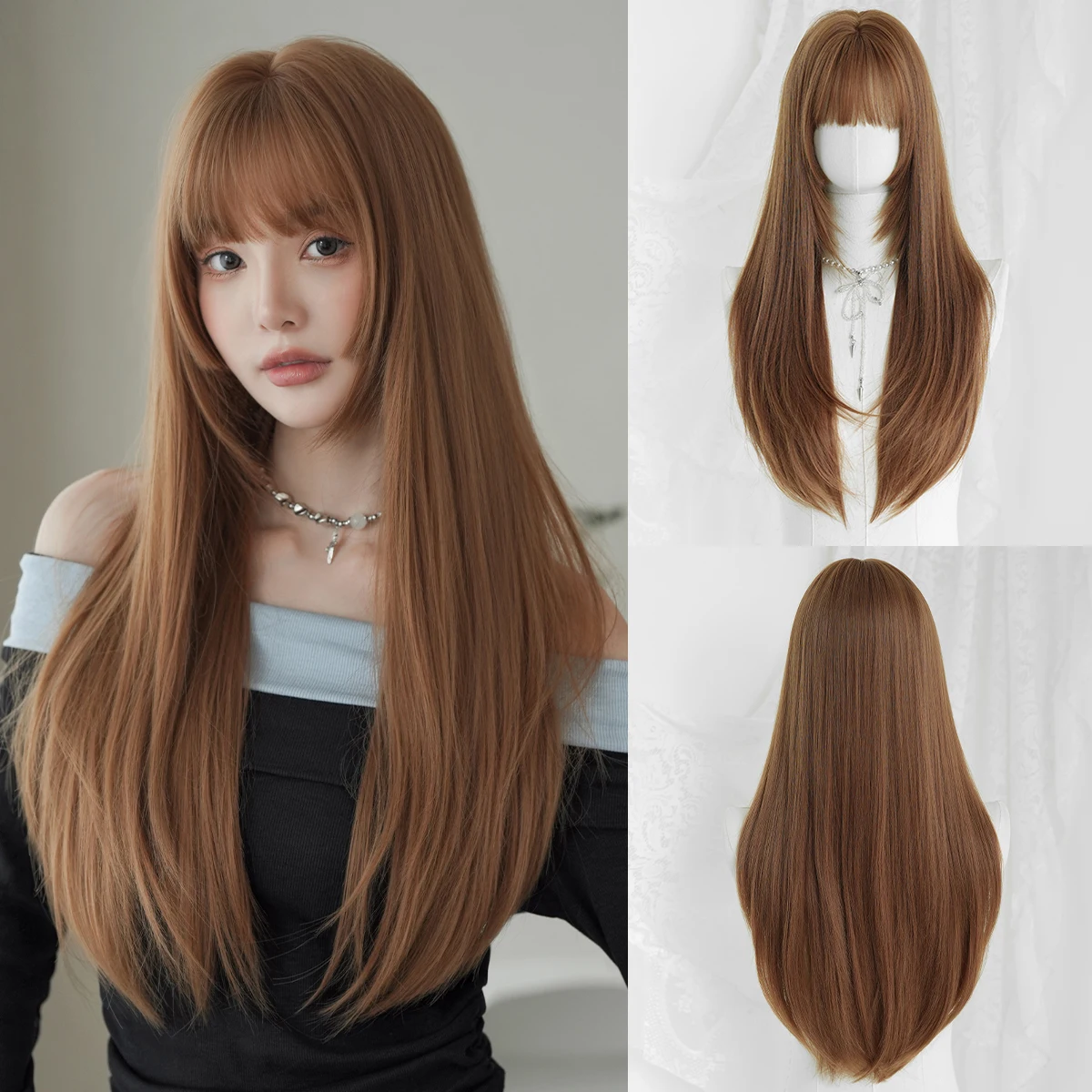 7JHH WIGS Long Straight Layered Honey Brown Wig for Women Synthetic Modest Fashion Wear and Go Chocolate Wigs with Neat Bangs