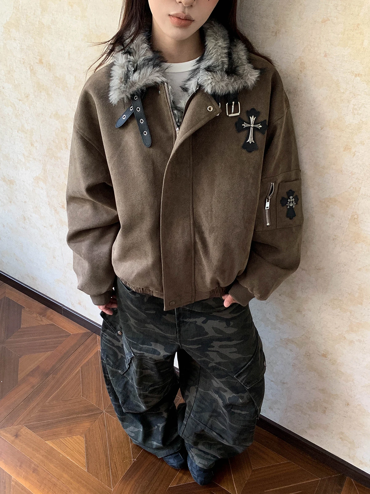 

Aket American Cross Thiened Loose Outerwear Women's Cotton Jaet Autumn Winter Flight Mountain Eagle Suede Collar Coat