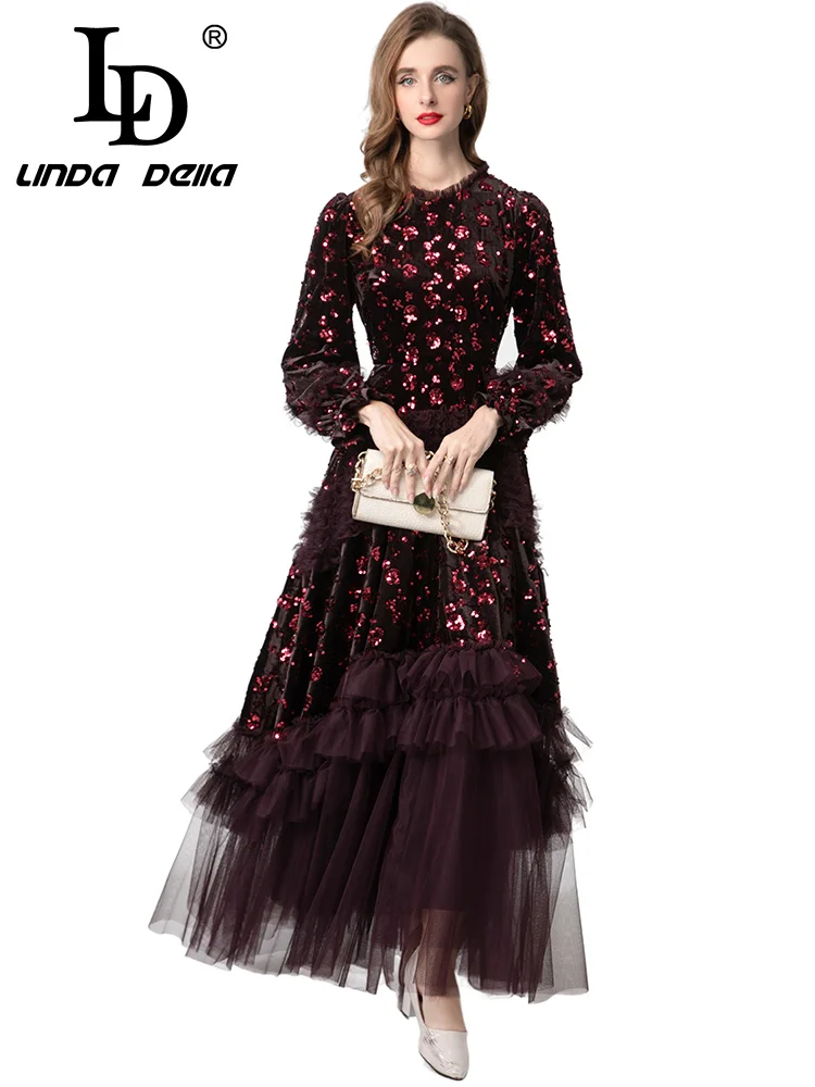LD LINDA DELL شبكة شفافة مستديرة الرقبة طويلة الأكمام فستان مأدبة مثير المخملية النسيج زهرة الربط فساتين راقية