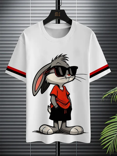 New personalized cartoon rabbit T-shirt for men with street style short sleeves and quick drying fabric comfortable 2