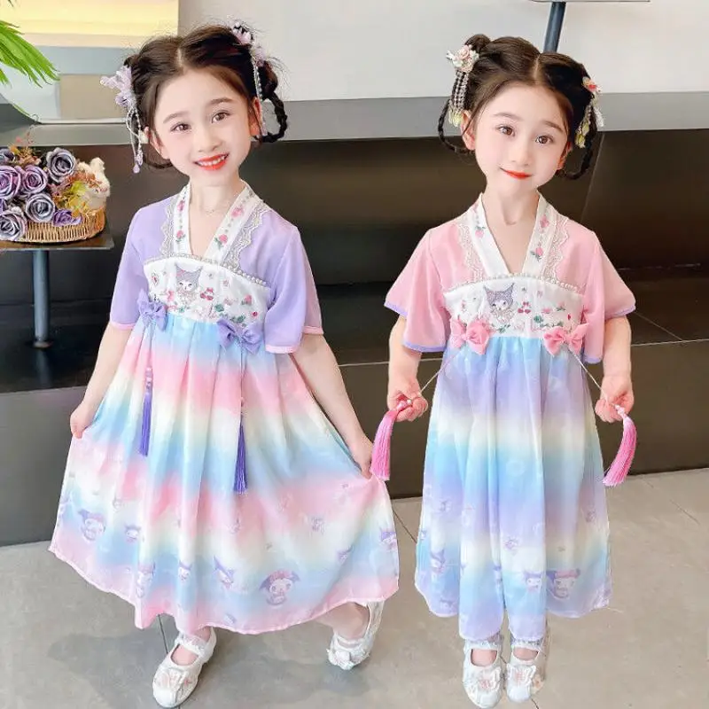 

Sanrio Kuromi Kids Cotton Maxi Skirt Cartoon Summer Cool Embroider Short Sleeve Anime Soft Ventilate Dress Kawaii Girlwear Gift