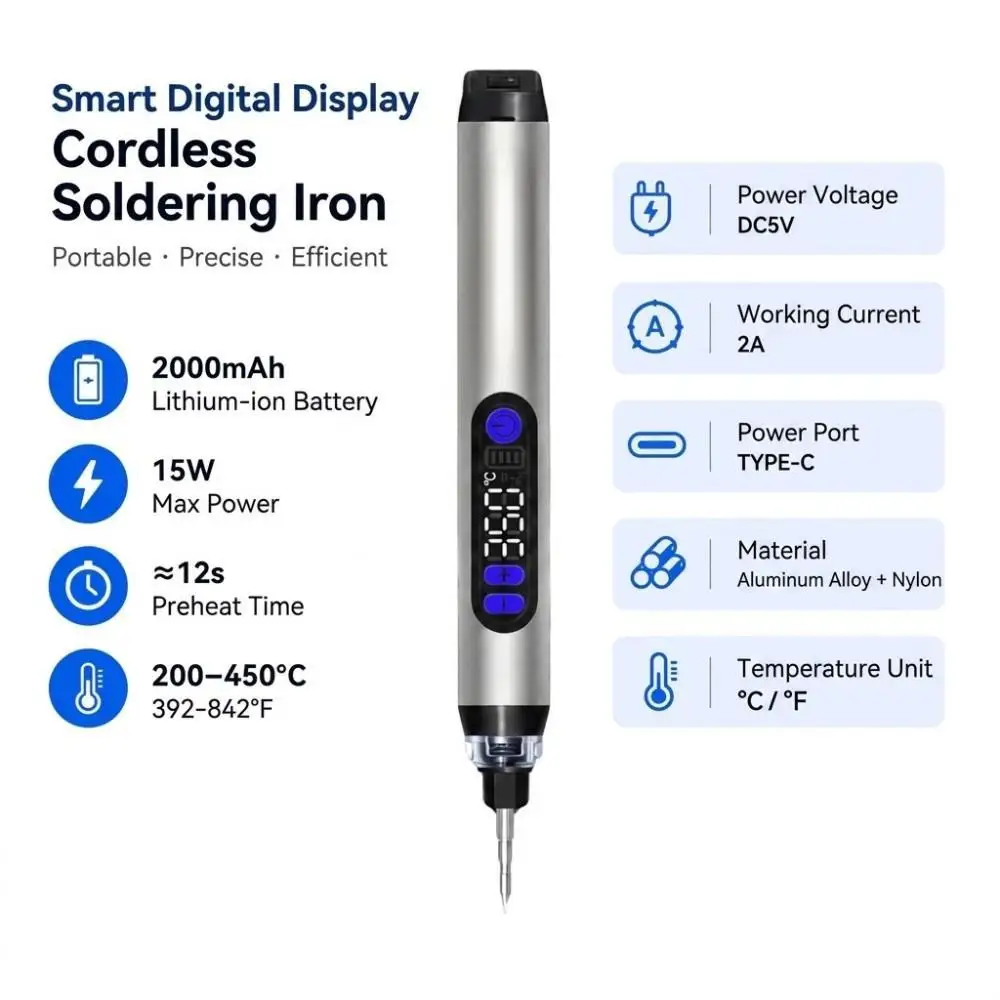 DC5V Wireless Smart Digital Display Soldering Iron Type‑C Rechargeable 15W 200‑450℃ Portable Soldering Iron for Phone Repair DIY