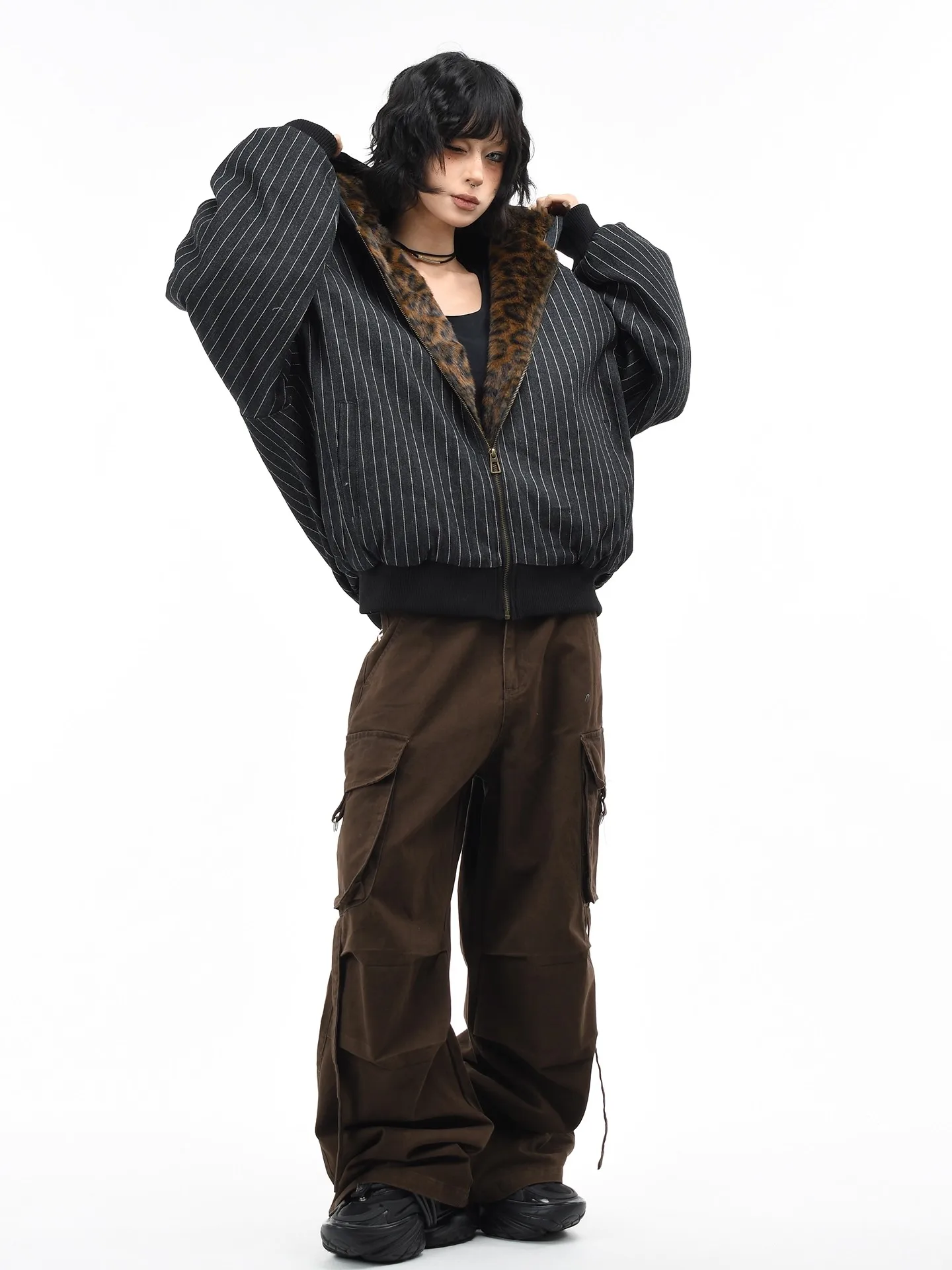 레트로 아메리칸 스트라이프 후드 따뜻한 코튼 자켓 남성 여성 겨울 루즈 레오파드 프린트 또는 펑크 스타일 스트리트 패션