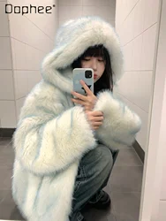 Gradient Blue Faux Fox Fur Coats Women Hooded Y2k Long Sleeve Fluffy Jacket Chic Vintage Outerwear 2024 Winter Fashion