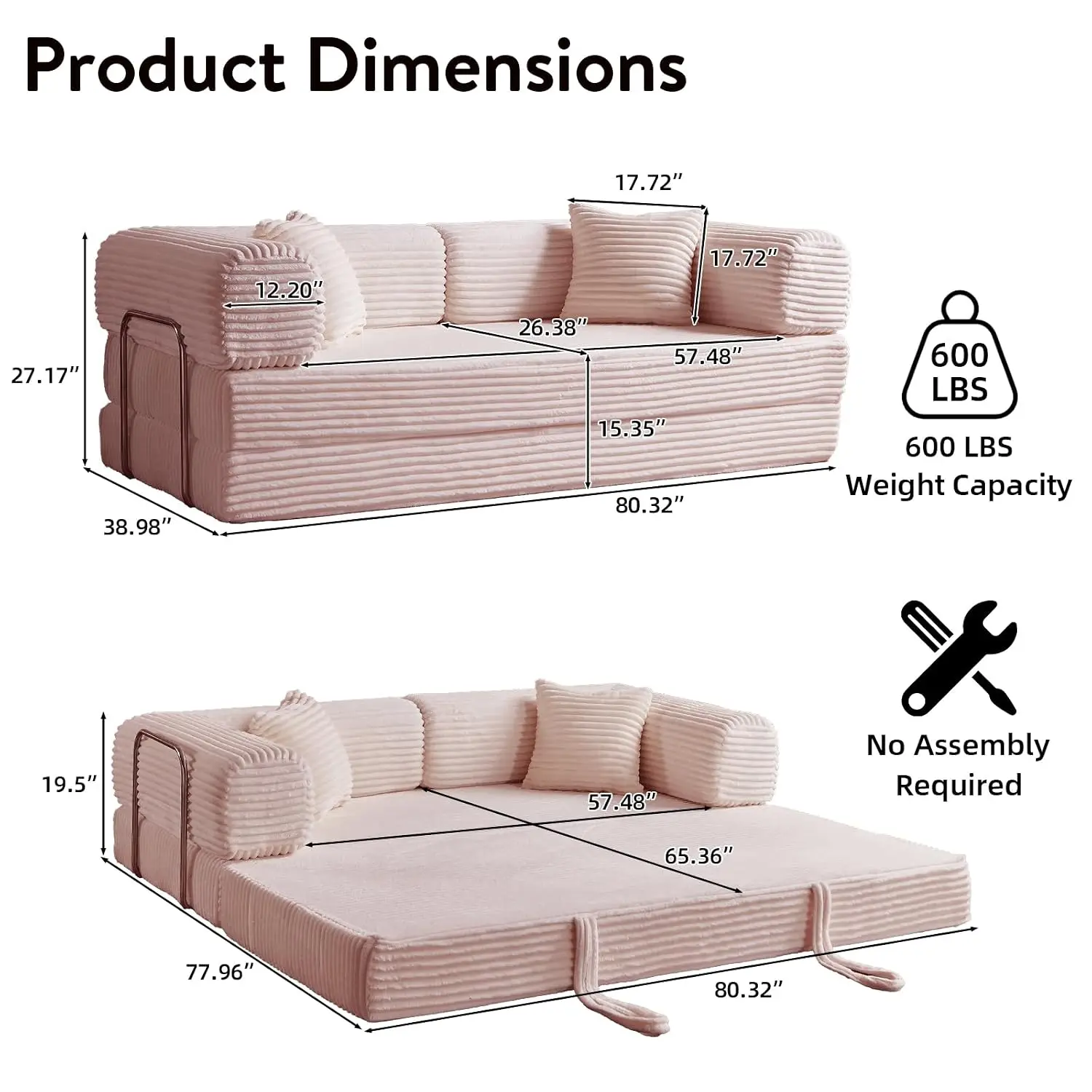4-in-1 Convertible Folding Sleeper Sofa Bed, Plush Corduroy Foldable Mattress Couch with Fixed-Shape Frame, Floor, Customized
