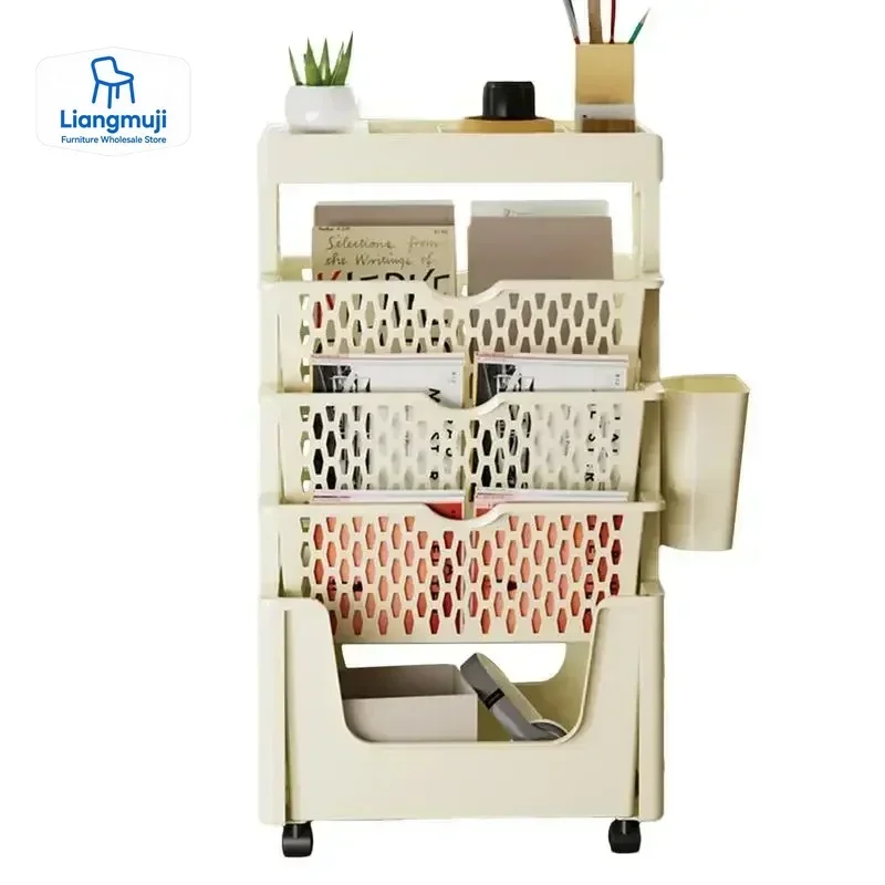 5 Tier Movable Book Shelf On Wheels Rotatable Storage Bookcase Creative Bookshelf Display Stand Home Decoration DIY Book