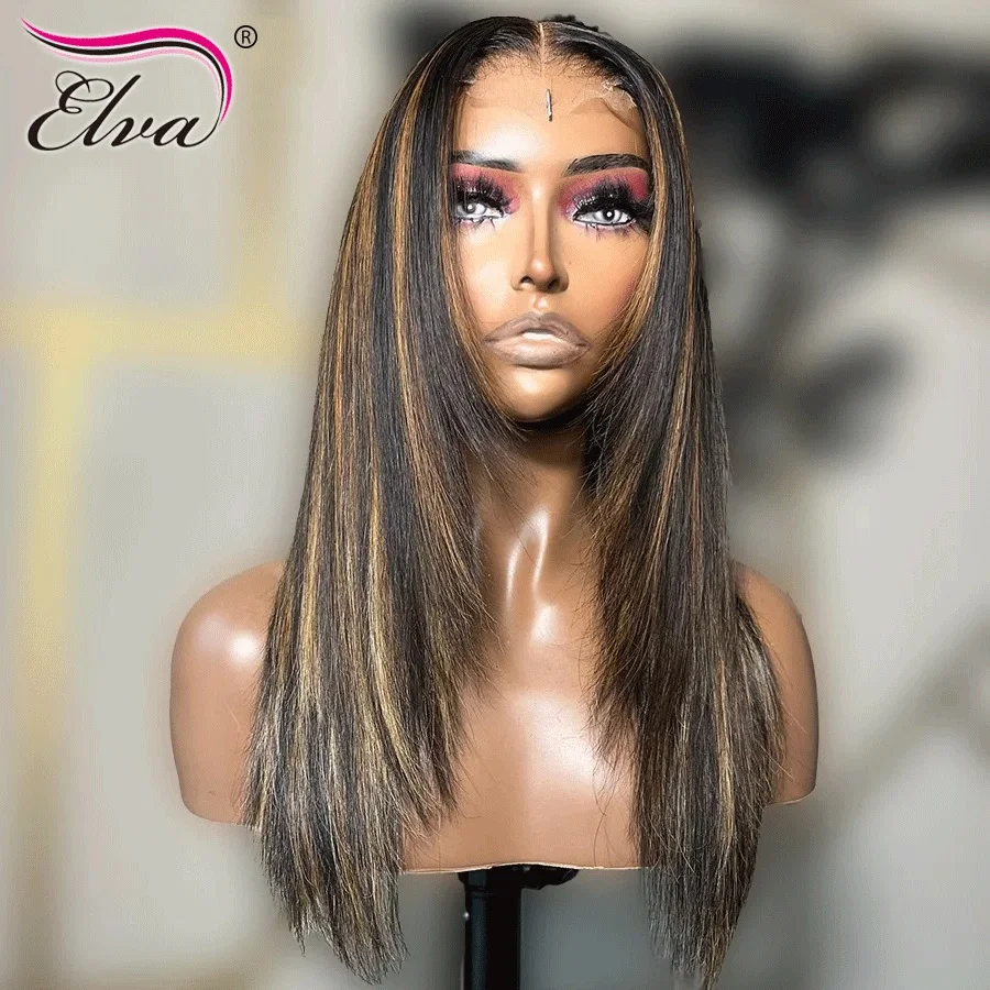 Elva Bone Straight 4/27 Highlight Omber Colored 13x6 Lace Frontal Wigs 5X5/6X6/7X7 Transaprent Lace Wig Pre Plucked 250 Density